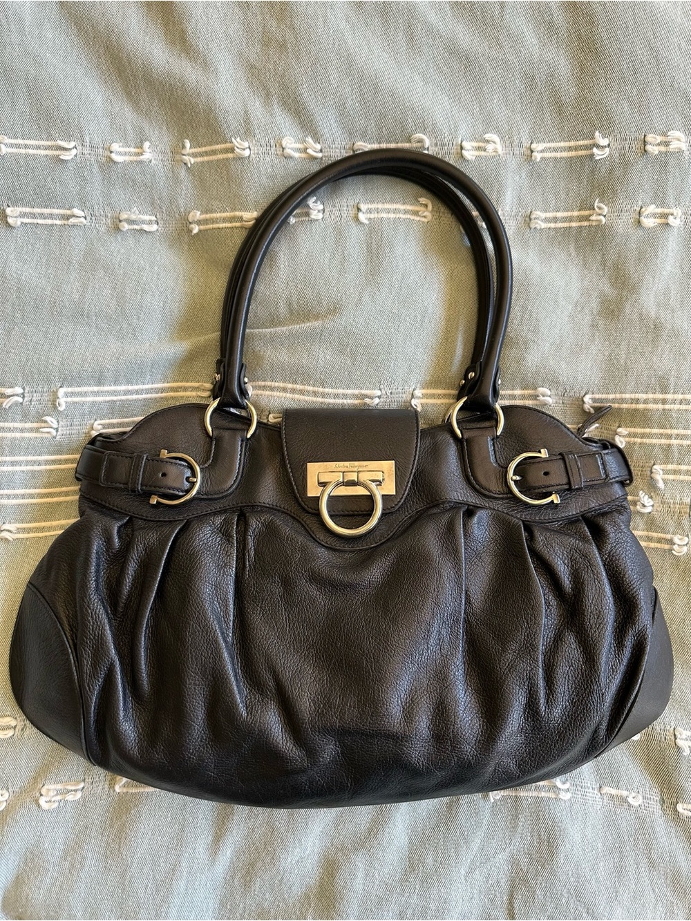 Black Leather Salvatore Ferragamo Marisa Handbag with Silver Hardware
